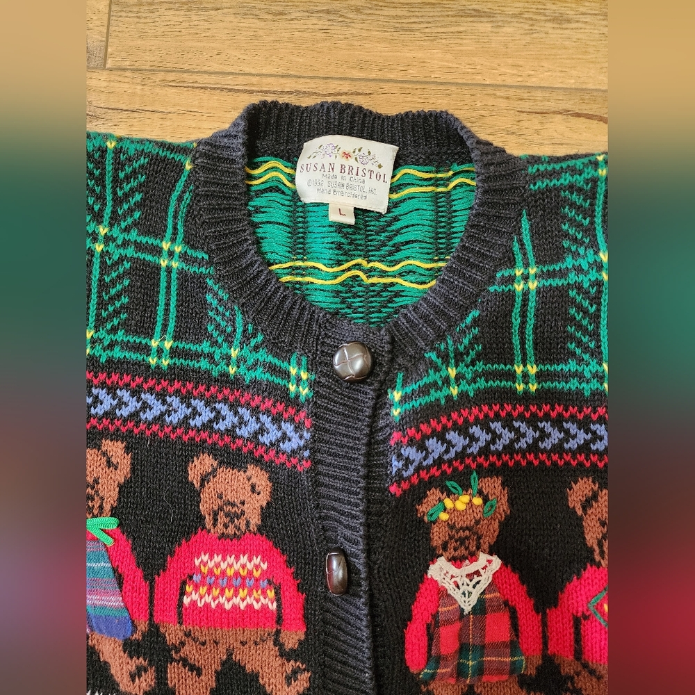 Vintage 90s Susan Bristol Sweater Women L Teddy Bears Hand Embroidery Fair Isle - Picture 5 of 10
